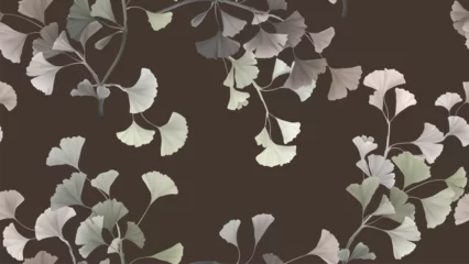 Deurstickers Seamless pattern, ginkgo leaf branch on dark brown background © momosama
