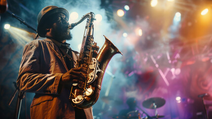 A man playing a saxophone on stage in front of a crowd. Scene is energetic and lively, as the man is performing in front of an audience - obrazy, fototapety, plakaty