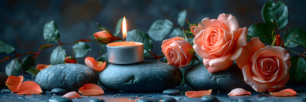 Still Life with Rose Petals, Candles, and Therapy,
 Day of the Dead banner concept design of candles and flowers on spooky background,  