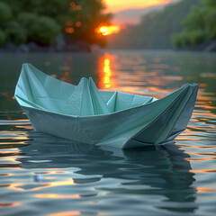 Light Teal Paper Boat Drifting on the River
