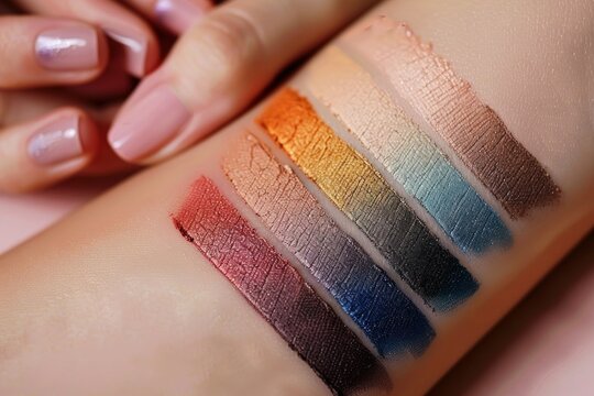 A close-up of eyeshadow swatches on a forearm, showcasing a gradient of colors from warm tones to cool hues, complemented by matching manicured nails.