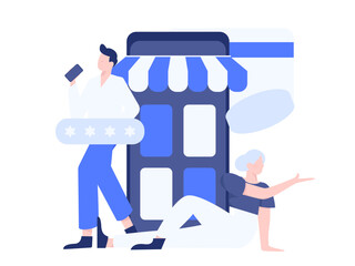 Holiday shopping people doing e-commerce online shopping flat vector concept operation hand drawn illustration
