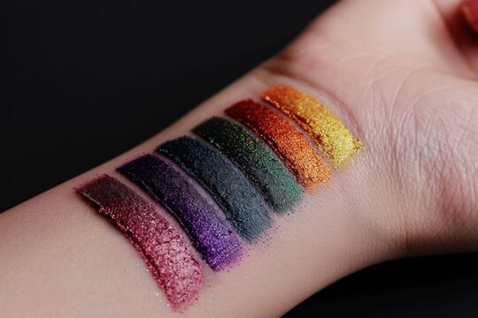 A close-up of eyeshadow swatches on a forearm, showcasing a gradient of colors from warm tones to cool hues, complemented by matching manicured nails.