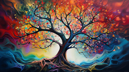 Abstract colorful oil paint tree