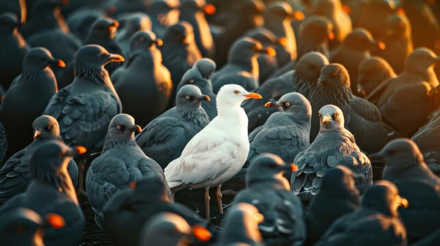 Standing out from the crowd , white bird standing between man gray birds, 