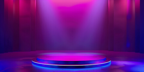 A stage with a purple background with a purple stage and lights a stage with neon lights and a podium in the middle.AI Generative
