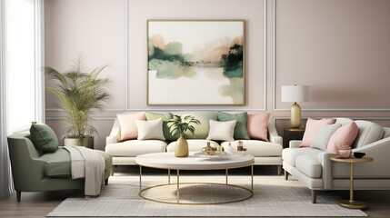 Fototapeta na wymiar Modern luxurious living room interior composition with elegant palette and background 