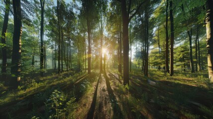Fototapeta premium Wald Panorama mit Sonnenstrahlen 