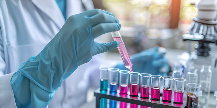Lab technician carries chemical testing reagents in flasks at desk Health care researchers working in life science laboratory medical science technology research work for test.AI Generative