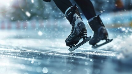 A close-up shot of an ice skater's powerful leg muscles propelling them around a tight corner in a short track race. - obrazy, fototapety, plakaty