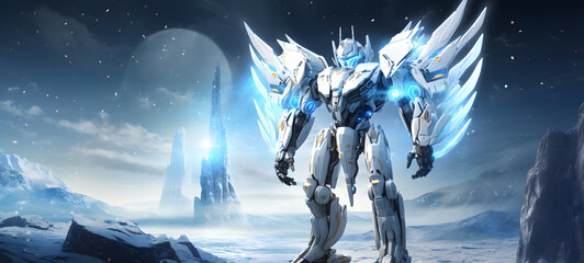 photograph of a Transformers robot white butterfly adorned in celestial sun and moon, ai generative