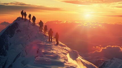 A group of tourists witnessing a team of mountaineers successfully reaching the summit as the sun sets, feeling inspired 