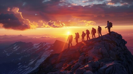 A group of tourists witnessing a team of mountaineers successfully reaching the summit as the sun sets, feeling inspired - obrazy, fototapety, plakaty