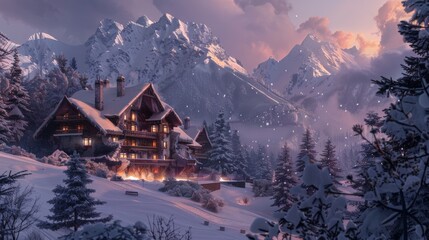 A ski lodge nestled amongst the snowy peaks, offering a warm and inviting atmosphere