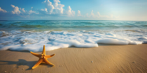 Fototapeta na wymiar Seashells and starfish on the beautiful tropical beach and sea with blue sky background. Summer vacation concept.AI Generative