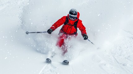 Fototapeta na wymiar A skier in a bright red jacket carving through the white snow, creating a dynamic contrast