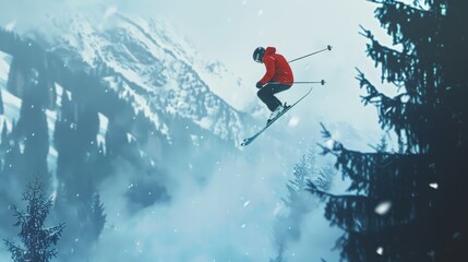 A skier landing a jump a little off-balance, capturing the element of risk and potential danger --ar 16:9 Job ID: 50e67002-ca9a-444e-91ba-db9d7015e4f2