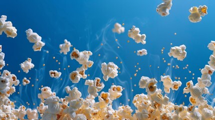 A vibrant explosion of popped popcorn fills the frame against a deep blue background.