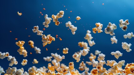 Naklejka na ściany i meble A vibrant explosion of popped popcorn fills the frame against a deep blue background.
