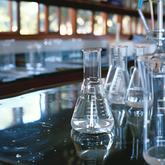 Chemistry experiment concept in science laboratory Two science flasks of different sizes contain different chemicals. The chemicals are in many glass tubes that are placed on the table and blurred.
