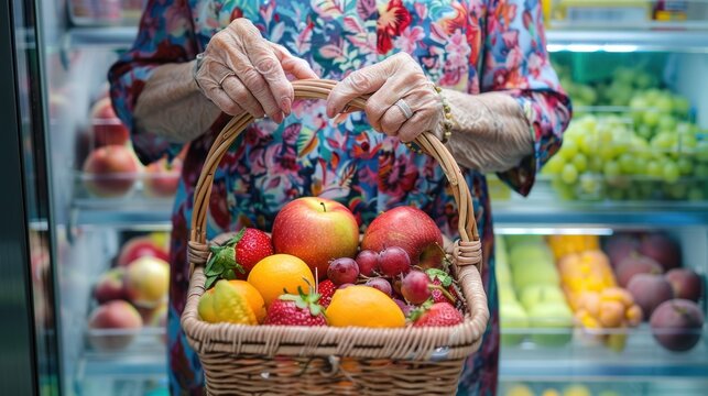 Elderly man's hands holding a basket of fruits and vegetables in a shopping mall