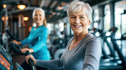 Elderly woman exercising inside the fitness center, healthy body