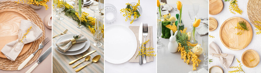 Collage of different table setting with mimosa flowers - obrazy, fototapety, plakaty