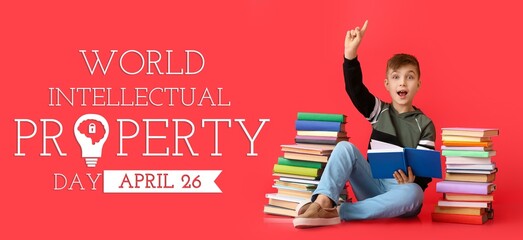 Banner for World Intellectual Property Day with little boy reading books