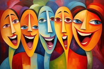 Laughing buddies, group of friends laughing together, their faces filled with joy and mirth. Сreative illustration. A celebration of laughter. April Fools Day  - obrazy, fototapety, plakaty