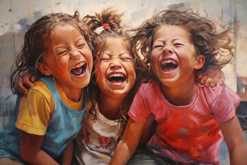 Laughing children, girls, laughing together contagiously. A celebration of laughter. April Fools Day - obrazy, fototapety, plakaty