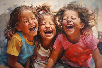 Tuinposter Laughing children, girls, laughing together contagiously. A celebration of laughter. April Fools Day © Alexandr