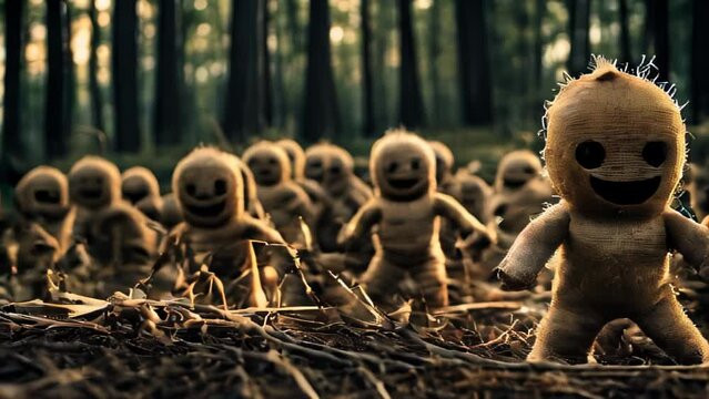 A line of one-eyed dolls stares out from within a dimly lit forest.
