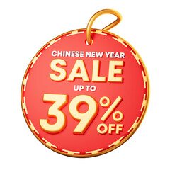 3D Illustration of  Chinese new year discount tag 39%. Promotion Lunar new year image for social media and website