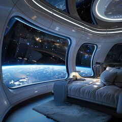 Luxurious aerospace habitat, panoramic windows viewing Earth, exclusive living among the stars