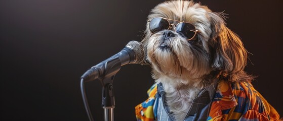 A shih tzu as a pop star with a stylish outfit and microphone stand