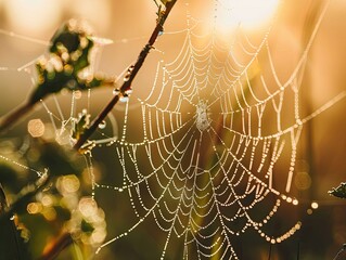 A close-up of dewdrops on a spiderweb shimmering in the morning light