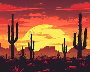 The dramatic silhouette of cacti against a setting sun in a desert landscape