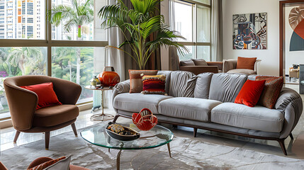 Plush loveseats in muted tones, accompanied by mid-century modern armchairs and a glass-top coffee table
