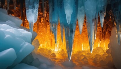 An ice cave wall made from amber and ice - obrazy, fototapety, plakaty