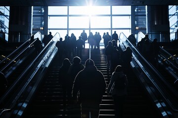 silhouette of crowded people walking up and down the stairs
