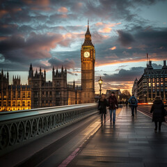 Sunset View of Big Ben and Westminster Bridge in London