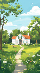 Quaint Cottage Surrounded by Summer Greenery, Flat Illustration Art