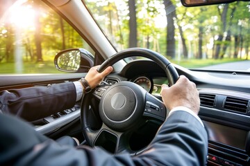 Hands of businessman on the wheel when driving from inside the car