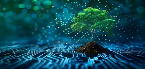 Tree with soil growing on the converging point of computer circuit board. Blue light and wireframe network background. Green Computing, Green Technology, Green IT, csr, and IT ethics Concept. - obrazy, fototapety, plakaty