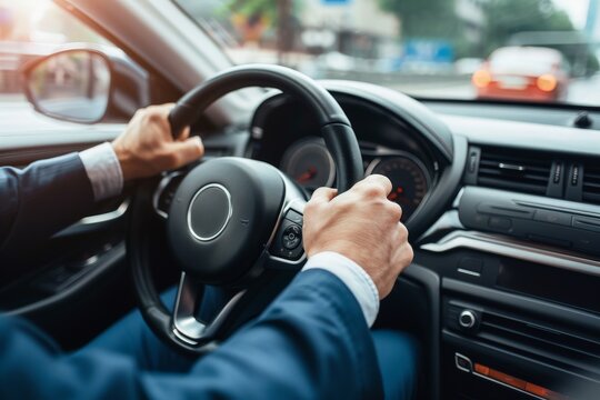 Hands of businessman on the wheel when driving from inside the car