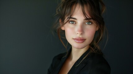 Naklejka premium A woman with brown hair and green eyes is wearing a black jacket and standing in front of a black background