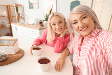 Mature female friends with tea taking selfie at table in kitchen