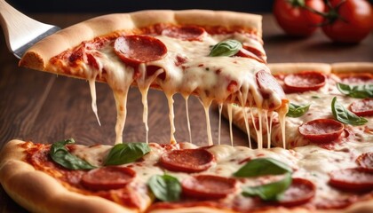 Cheesy Pepperoni Pizza Pull with vegetables served in a restaurant - obrazy, fototapety, plakaty