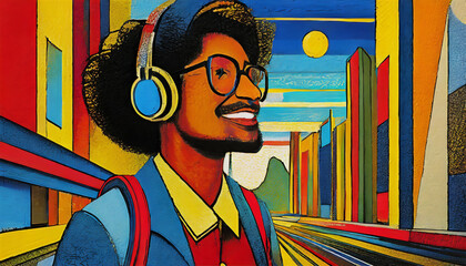 illustration, reminiscent of street art, man with headphones