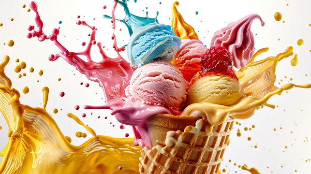 A colorful ice cream cone with a splash of paint behind it. The ice cream is in a waffle cone and has a variety of colors including pink, blue, and yellow